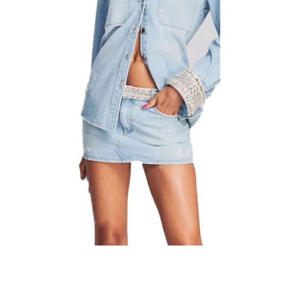 - Retrofete Women's Blue Denim Mini Skirt Size 32 Rhinestone Embellished - Picture 3 of 14